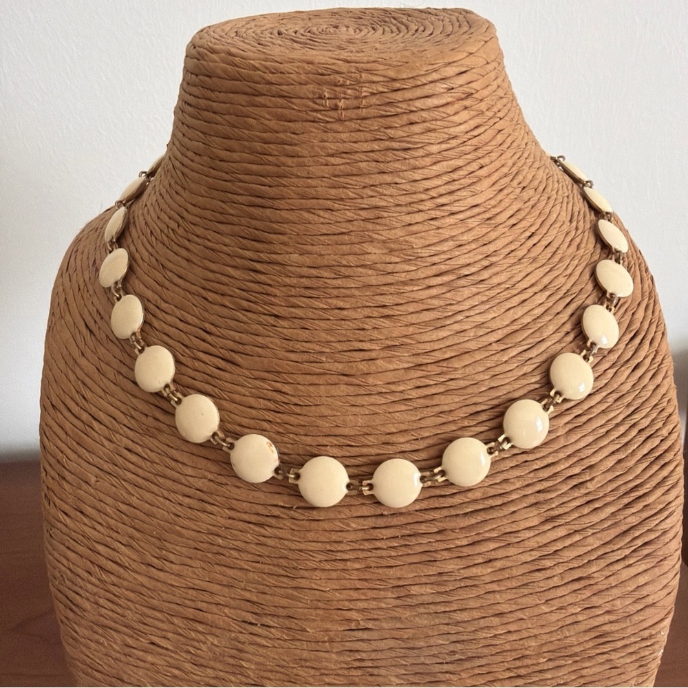 Vintage Enamel Link Necklace Goldtone Cream Ivory Colored Discs 15 Inches - Picture 2 of 5